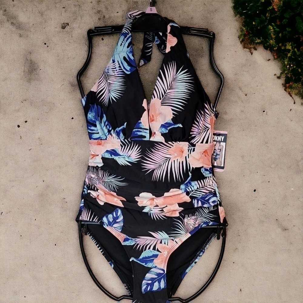 NWT DKNY Small Tropical‎ Floral One Piece Tummy Control Halter Neckline Swimsuit